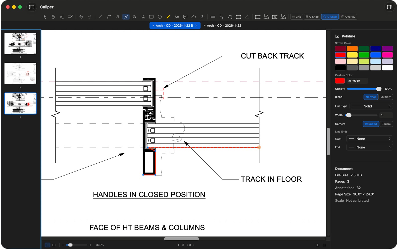 A tool snapping to the geometry of a PDF detail